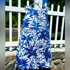 TALBOTS Sz 14  Blue White Floral
Watercolor Pleated Dress Sleeveless whit ruffle